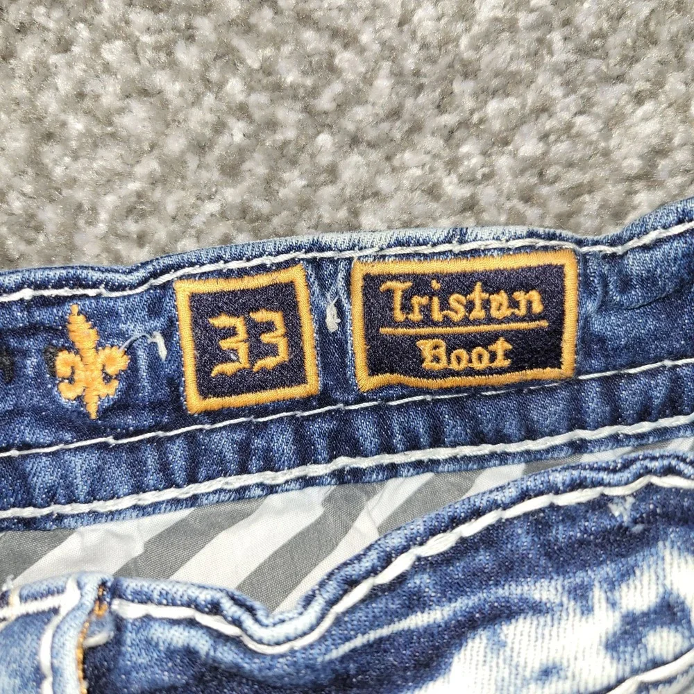 Rock Revival Tristan Bootcut Jeans Mens 33 Distressed Embroidered Blue Denim